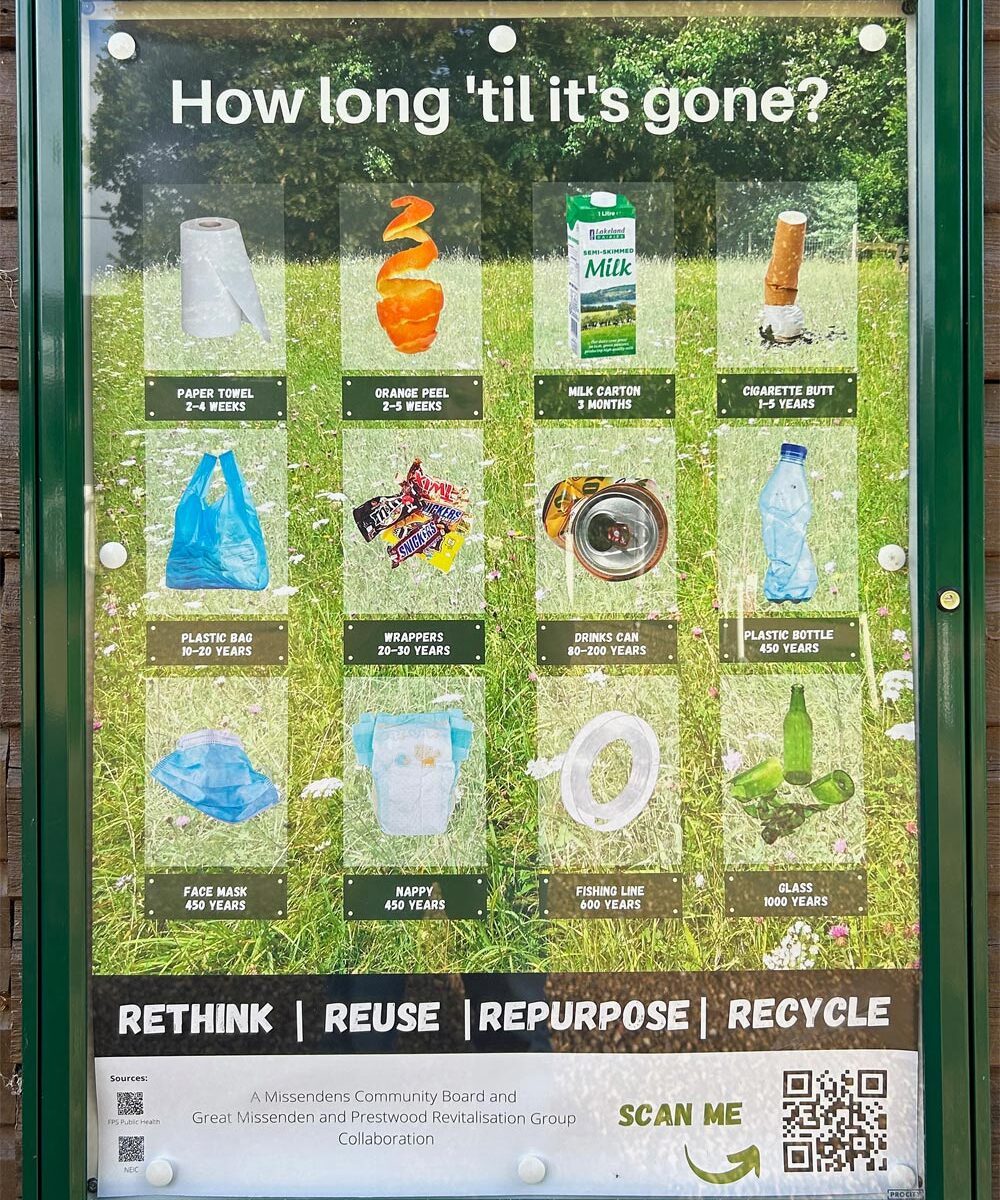 'how long 'til it's gone'... eco literacy board placed in prestwood by great missenden and prestwood revitalisation group
